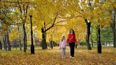 秋天公园里的一家人在玩树叶